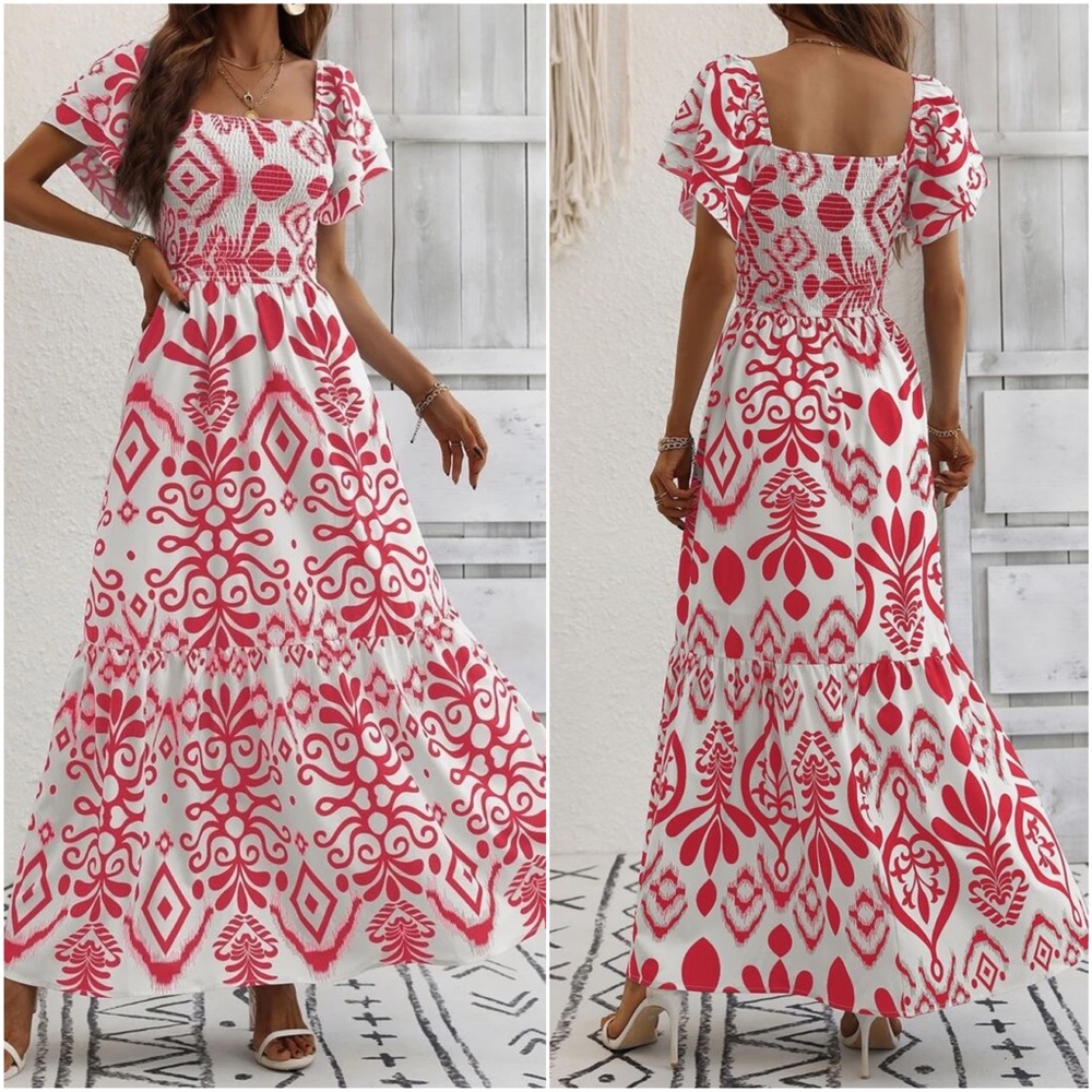 Boho Floral Print Shirred Butterfly Sleeve Dress - Picture 4 of 7